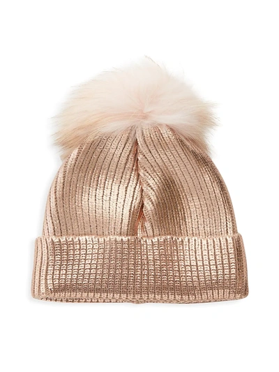 Shop Adrienne Landau Fox Fur Pom-pom Metallic Knit Beanie In Rose Gold