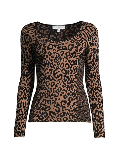 Shop Milly Scoopneck Leopard-print Knit Top In Natural