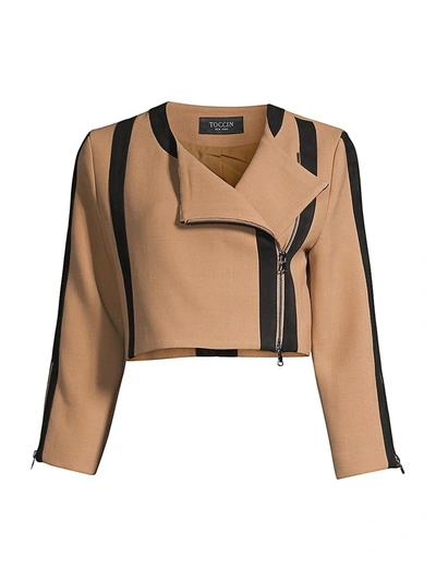 Shop Toccin Two-tone Cropped Moto Jacket In Camel Jet