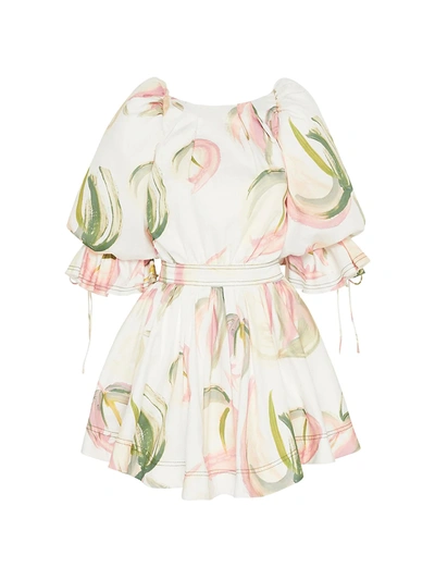 Shop Aje Women's Imprint Puff-sleeve Mini Dress In Painterly Lace Leaf