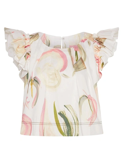 Shop Aje Imprint Ruffle-sleeve Cropped Top In Painterly Lace Leaf