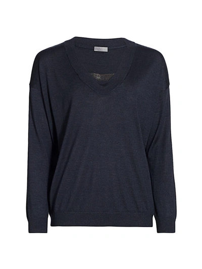 Shop Brunello Cucinelli Relaxed Cashmere & Silk Monili V-neck Sweater In Midnight Blue