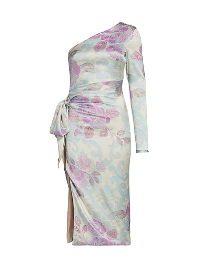 Shop Adriana Iglesias Brun One-shoulder Floral Jacquard Dress In Cool Bloom
