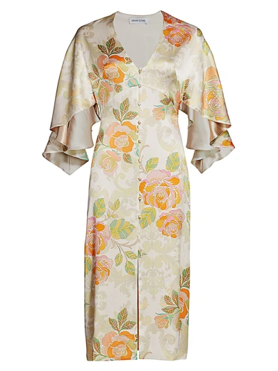 Shop Adriana Iglesias Victoria Floral Jacquard Stretch Silk Dress In Warm Bloom