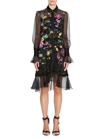 Shop Marchesa Damask Lace Floral Embroidered Shirtdress In Black
