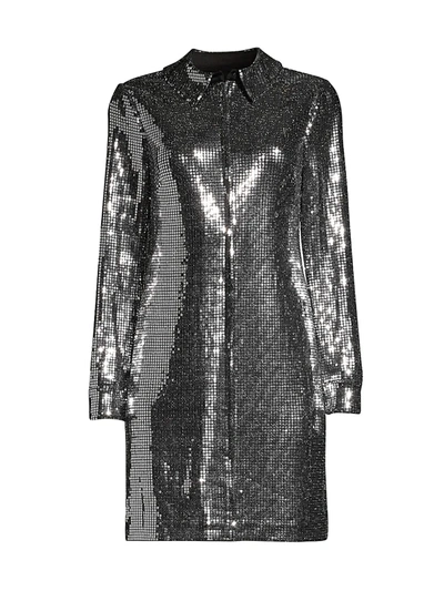 Shop Aidan Mattox Long-sleeve Laminate T-shirt Dress In Black Silver