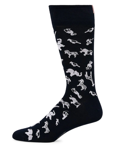 Shop Thom Browne Men's Half Drop Animal Icon Intarsia Mid-calf Socks In Navy