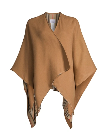 Shop Burberry Women's Icon Stripe To Solid Wool Cape In Tan