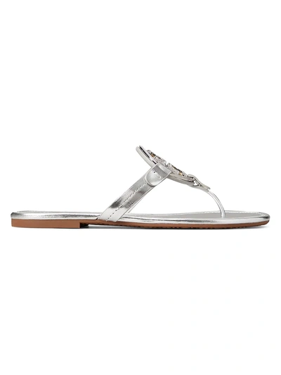 Shop Tory Burch Women's Miller Metal Embellished Metallic Leather Thong Sandals In Silver