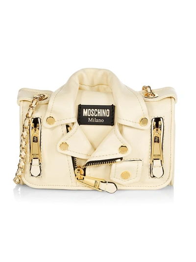 Shop Moschino Biker Jacket Leather Wallet-on-chain In Ivory