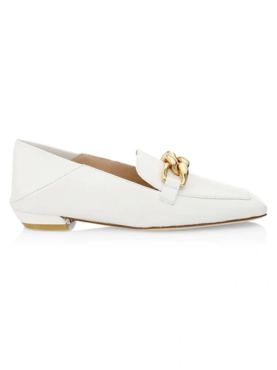 Shop Stuart Weitzman Mickee Chain Square-toe Leather Loafers In White