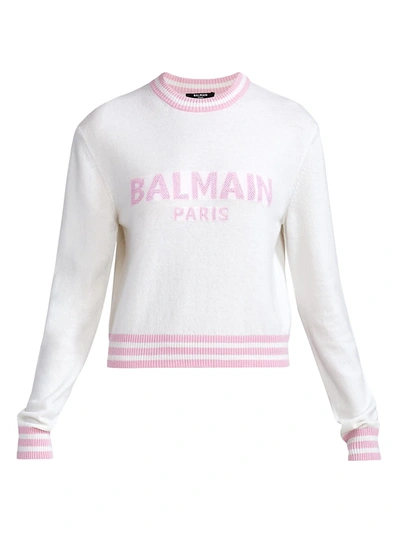 Shop Balmain Women's Cropped Logo Wool-blend Sweater In Marine Black