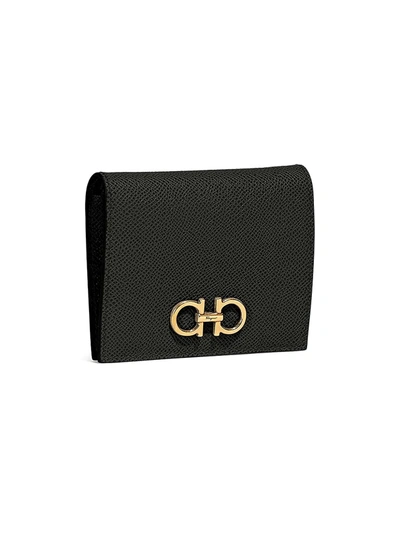 Shop Ferragamo Women's Gancini Bi-fold Leather Wallet In Black