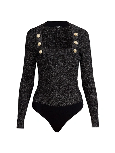 Shop Balmain Lurex Button Knit Bodysuit In Noir