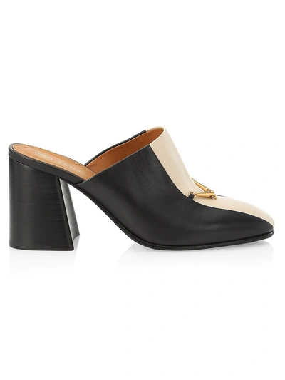 Shop Tory Burch Equestrian Link Square-toe Colorblock Leather Mules In Perfect Black
