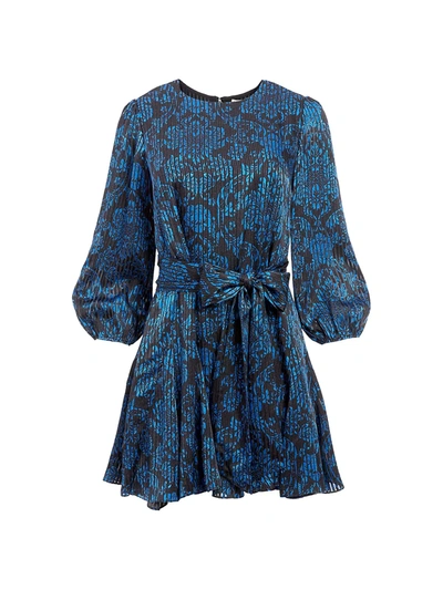 Shop Alice And Olivia Mina Puff-sleeve Godet Belted Dress In Winter Palace