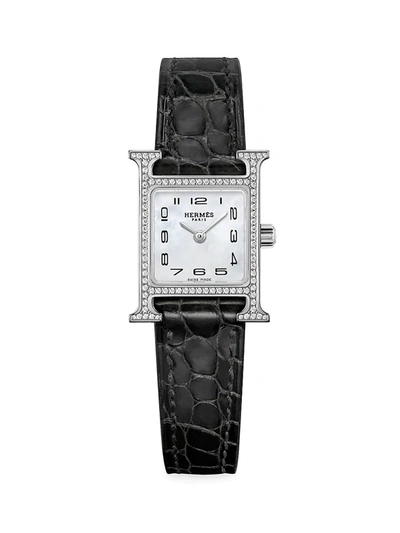 Shop Hermes Heure H 21mm Stainless Steel, Diamond & Alligator Strap Watch In Black