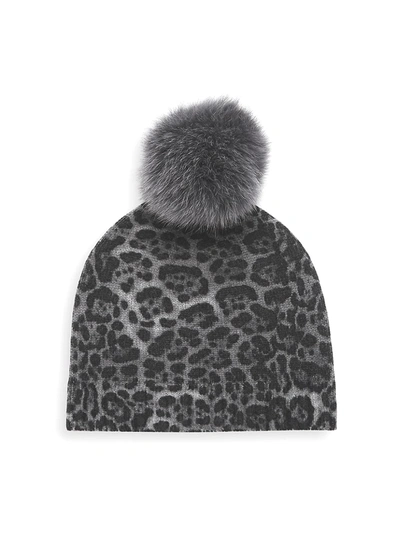 Shop Sofia Cashmere Fox Fur Pom-pom Leopard-print Cashmere Beanie In Neutral