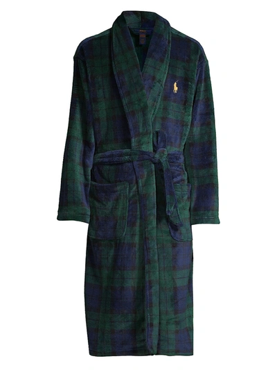 Shop Polo Ralph Lauren Men's Plaid Shawl Collar Robe In Black Green Blue