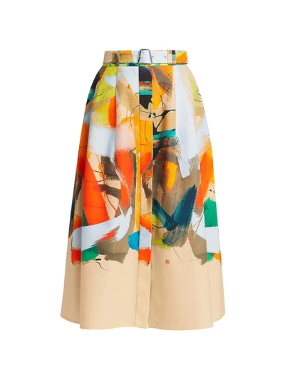 Shop Akris Brushstroke-print Cotton Midi Skirt In Neutral