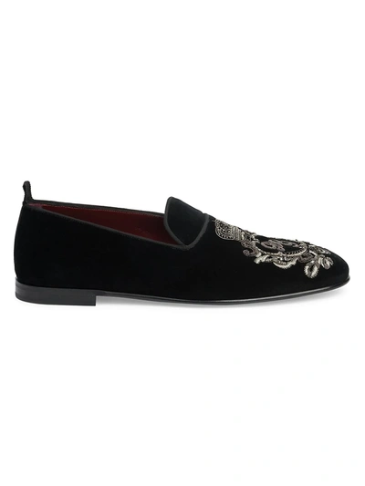 Shop Dolce & Gabbana Botticelli Embroidered Crest Velvet Loafers In Nero