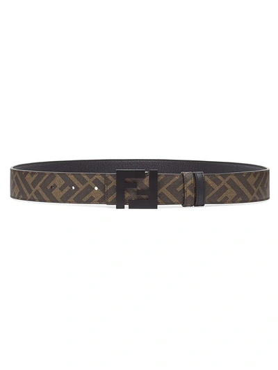 Shop Fendi Men's Ff Logo Reversible Leather Belt In Black Dark Brown
