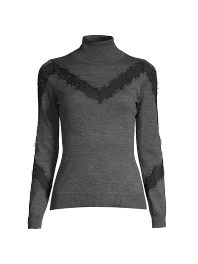 Shop Milly Lace Insert Wool Turtleneck In Heather Grey