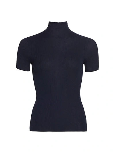 Shop Akris Short-sleeve Silk & Cotton Mockneck Top In Deep Blue