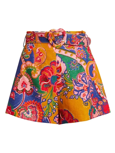 Shop Zimmermann Lovestruck Linen Belted Shorts In Gold Paisley Floral