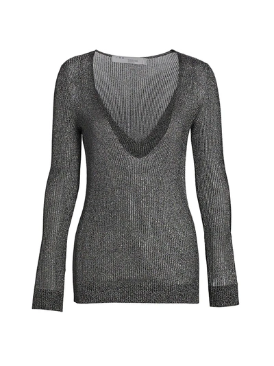 Shop Iro Maegan Deep V-neck Metallic Knit Sweater In Black Silver