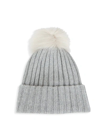 Shop Portolano Women's Faux Fur Pom-pom Ribbed Cashmere Beanie In Grey