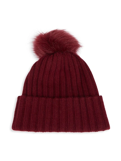 Shop Portolano Faux Fur Pom-pom Ribbed Cashmere Beanie In Rum