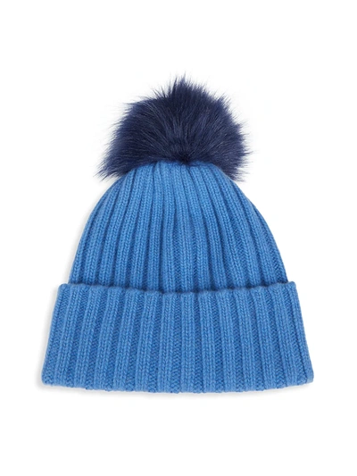 Shop Portolano Faux Fur Pom-pom Ribbed Cashmere Beanie In Winter Blue