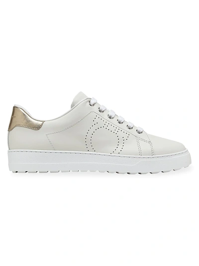 Shop Ferragamo Pierre Metallic Leather Sneakers In White