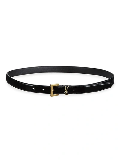 Shop Saint Laurent Women's Monogram Skinny Patent Leather Belt In Black