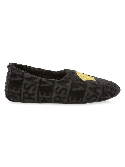 Shop Versace Embroidered Medusa Slippers In Black