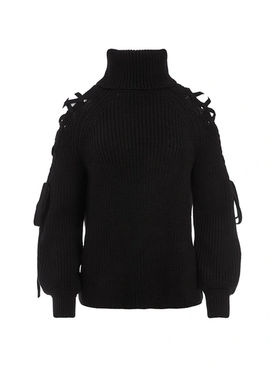 Shop Alice And Olivia Izetta Lace-up Open-shoulder Turtleneck In Black