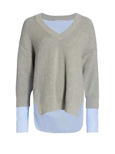 Shop Alexander Wang T Layered Oxford Shirting V-neck Pullover In Light Heather Grey Blue