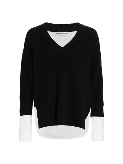 Shop Alexander Wang T Layered Oxford Shirting V-neck Pullover In Black White