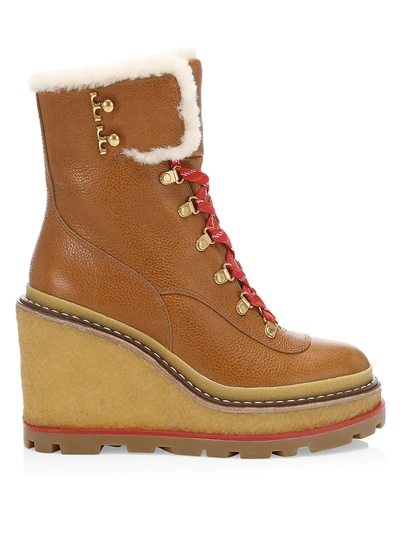 Shop Tory Burch Women's Hiker Shearling-lined Leather Platform Wedge Boots In Blanched Almond