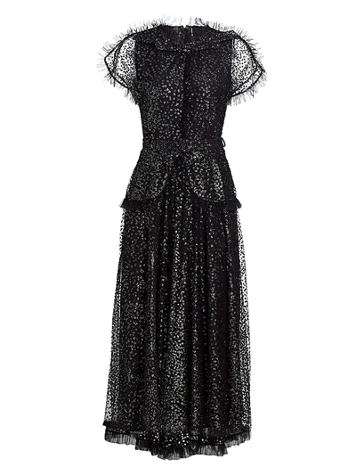 Shop Rodarte Women's Flocked Tulle Sequin Ruffle Midi Dress In Black Silver