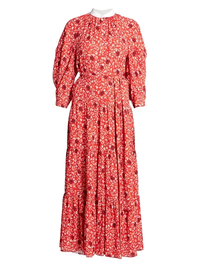 Shop Chloé Flower Printed Crepe Maxi Dress In Bubbling Ornage