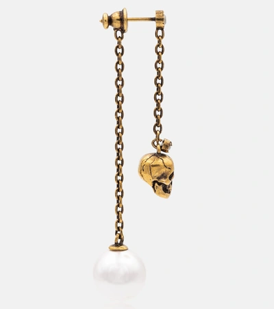 Shop Alexander Mcqueen Faux Pearl And Skull Earrings In Gold