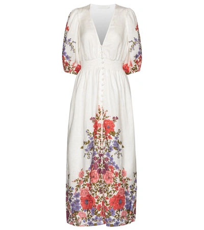 Shop Zimmermann Poppy Floral Linen Midi Dress In White