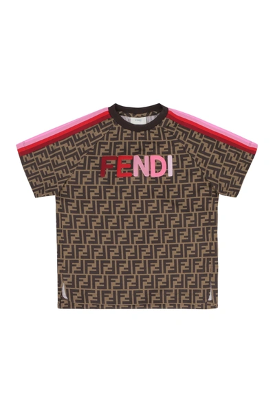 Shop Fendi Printed Cotton T-shirt In Brown