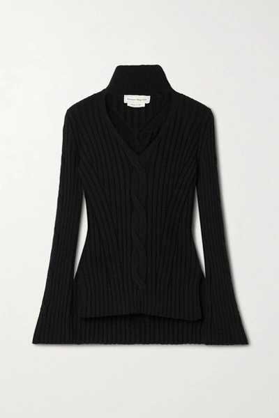 Shop Alexander Mcqueen Cutout Cable-knit Wool-blend Turtleneck Sweater In Black