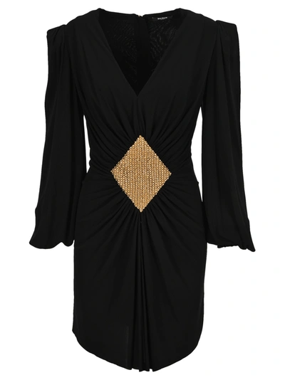 Shop Balmain Bead-embellished Gathered Dress In Black