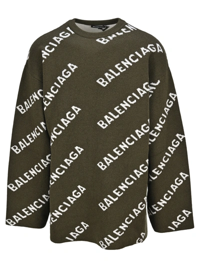 Shop Balenciaga All-over Logo Sweater In Kakhi