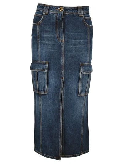 Shop Balmain Long Denim Skirt In Blue