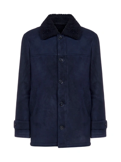 Shop Officine Generale Deck Suede And Shearling Coat In Navy